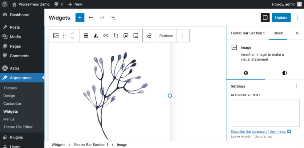 WordPress Widgets screen in the block editor, demonstrating how to add an image to a widget area like 'Footer Bar Section 1'.