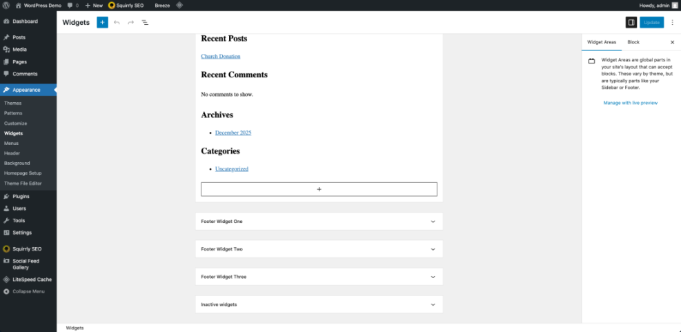 WordPress Widgets screen in the admin dashboard under Appearance, used to manage website content and integrate elements like an Instagram feed widget.