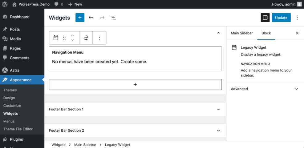 WordPress Widgets screen showing the Navigation Menu legacy widget in the Main Sidebar, with options to add or manage widgets.