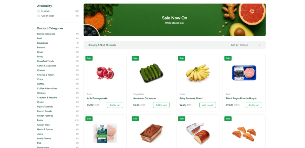 A WooCommerce online grocery store page showing products on sale, categories, and filters, illustrating a functional e-commerce site.