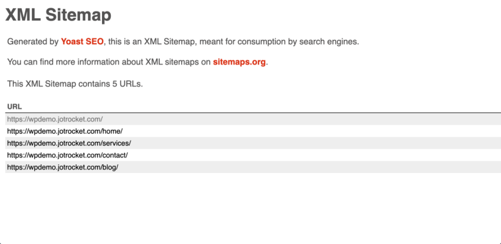 A screenshot of a Yoast SEO generated XML sitemap on a WordPress website, displaying essential URLs like home, services, contact, and blog.