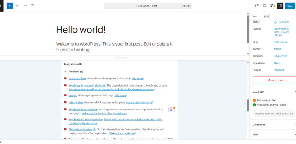 WordPress editor showing Yoast SEO plugin's detailed analysis results for a post, including SEO problems, readability score, and publishing settings.