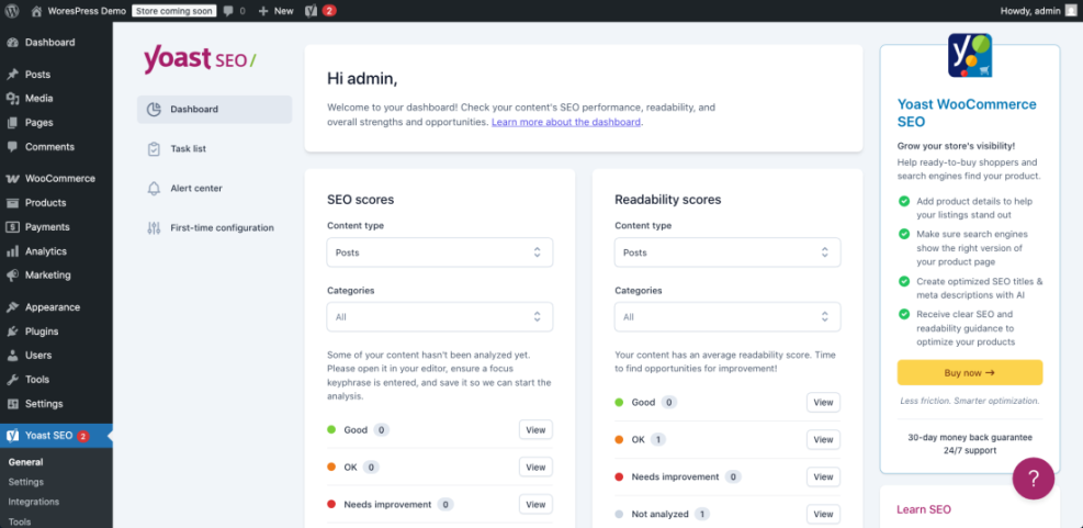 WordPress Yoast SEO plugin dashboard showing content SEO and readability scores, essential for website optimization.