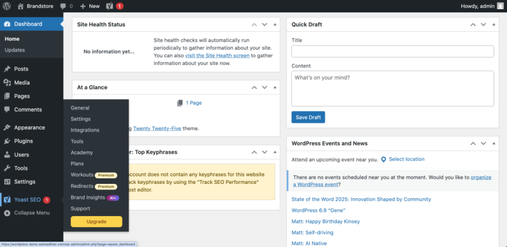 WordPress dashboard with Yoast SEO menu expanded, displaying tools and settings to improve Google ranking and site health.