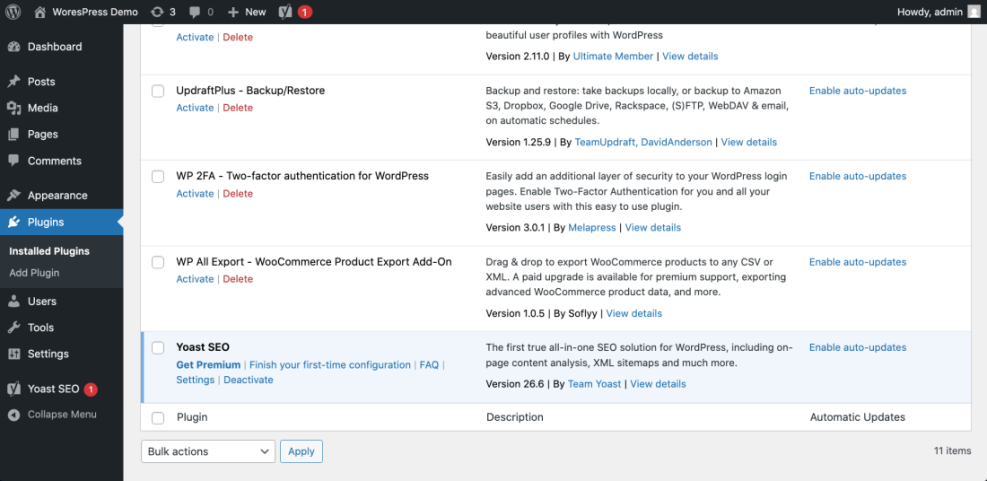 WordPress dashboard showing the Yoast SEO plugin installed on the 'Plugins' page, vital for optimizing site content.