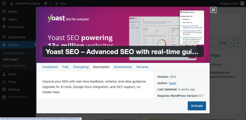WordPress admin showing Yoast SEO plugin details with version, author, and an 'Activate' button, demonstrating how to use WordPress plugins.