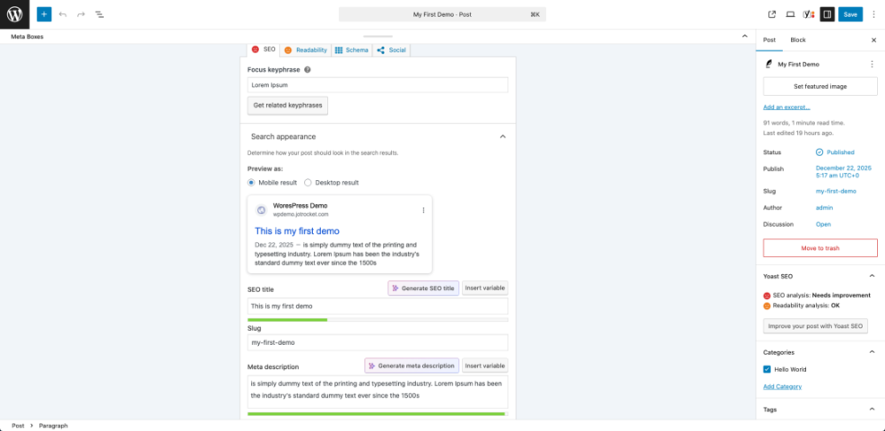 WordPress post editor with Yoast SEO plugin demonstrating focus keyphrase, search snippet, SEO title, and meta description settings.
