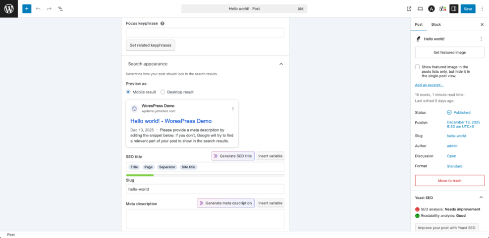 WordPress Yoast SEO plugin settings in the post editor, illustrating search appearance, SEO title, slug, and meta description fields for optimization.