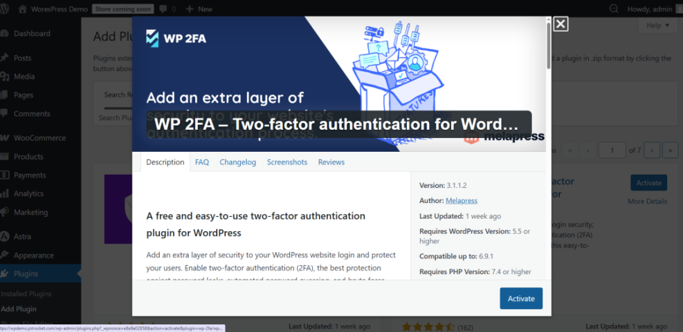 Screenshot of the WP 2FA plugin details modal in WordPress, highlighting two-factor authentication for website security.