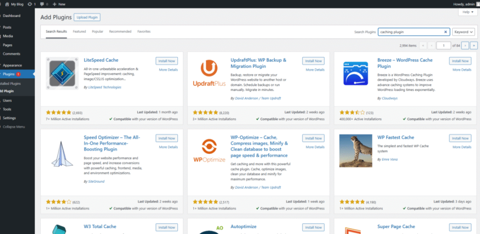 WordPress 'Add Plugins' screen displaying search results for 'caching plugin', showing options like LiteSpeed Cache and Breeze to boost site performance.