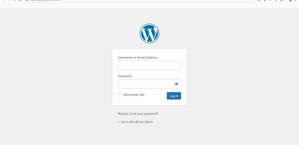 WordPress login page with the wp-admin URL, showing username, password fields, 'Remember Me' checkbox, and 'Log In' button.