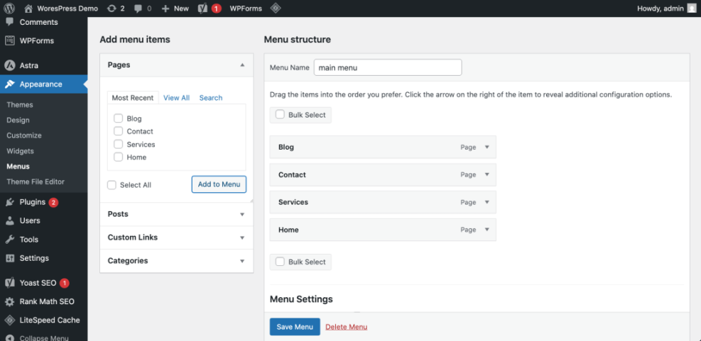 WordPress admin menu builder showing the 'main menu' structure with Blog, Contact, Services, Home pages, and options to add items.