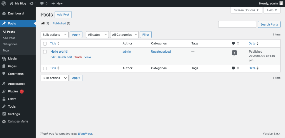 WordPress admin panel showing the Posts list screen with 'Hello world!' post, ready for editing or managing blog content.