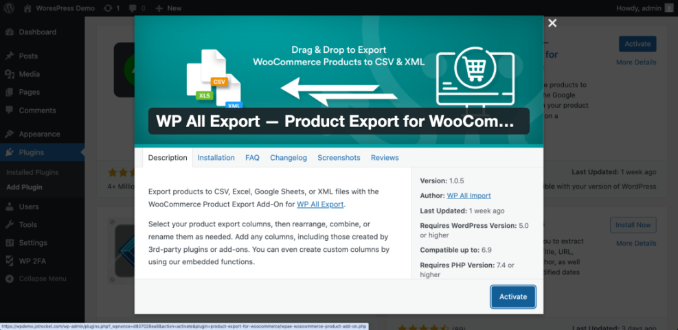 WordPress WP All Export plugin showing WooCommerce product export details, including CSV, Excel, and XML export options.
