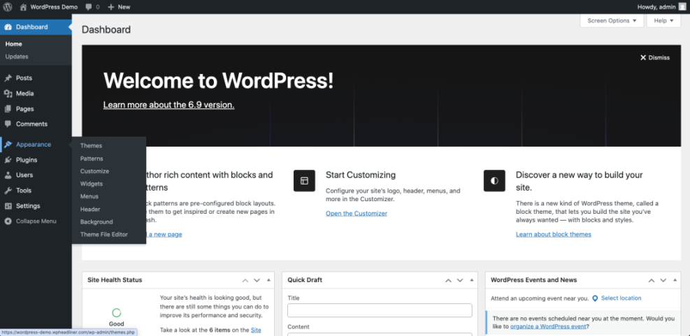 WordPress dashboard showing the Appearance menu expanded, with options for Themes, Customize, Widgets, and Menus.