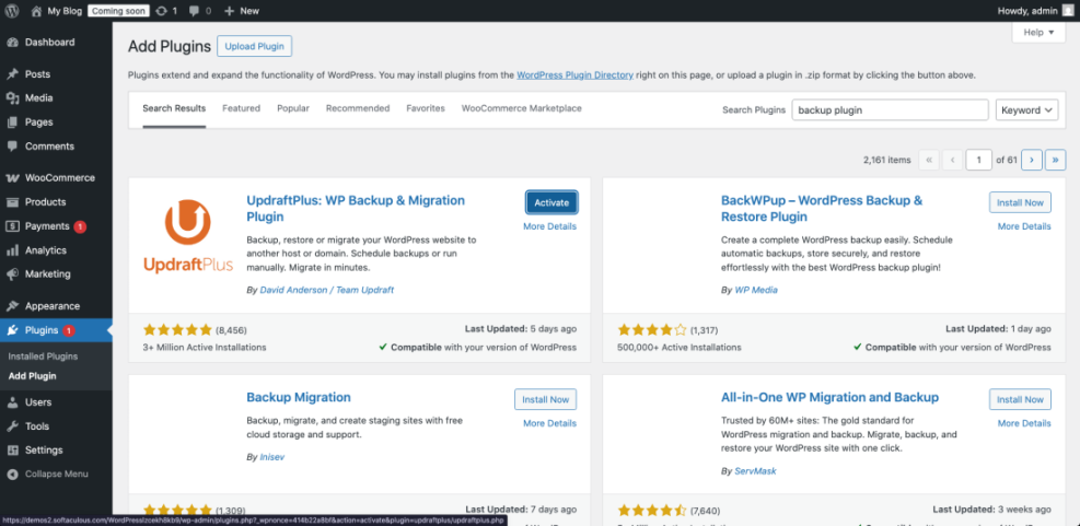 WordPress Add Plugins screen displaying search results for 'backup plugin', featuring UpdraftPlus, BackWPup, and other popular WordPress backup solutions.