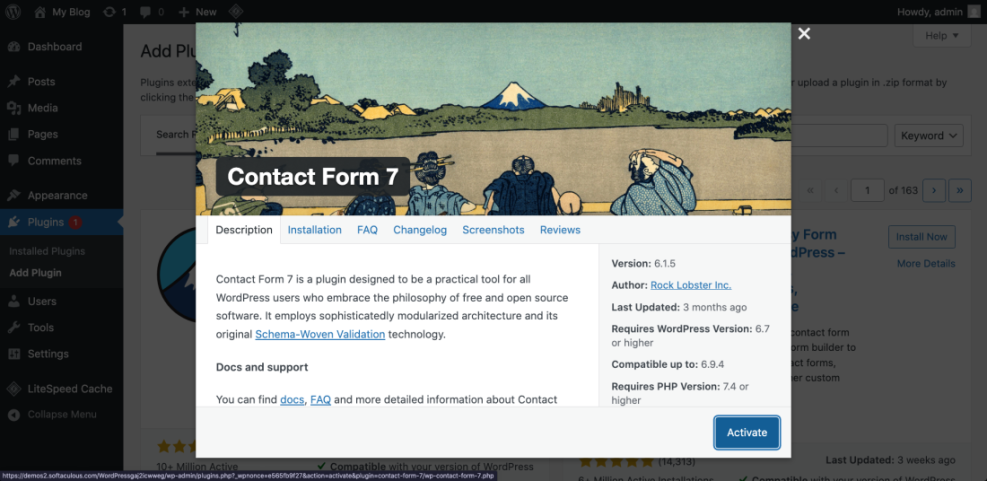 WordPress admin screenshot displaying Contact Form 7 plugin details with the 'Activate' button, crucial for lead generation setup.