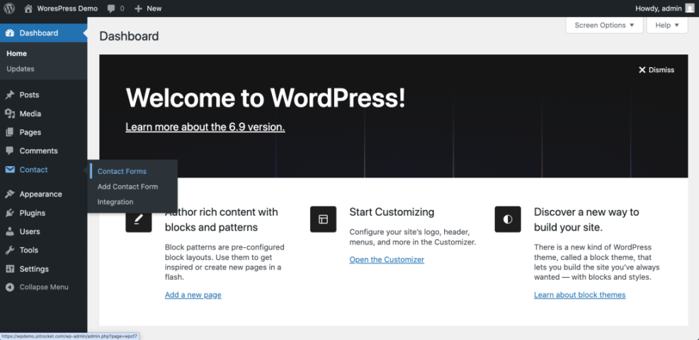 WordPress dashboard showing the 'Contact' menu expanded with 'Contact Forms' and 'Add Contact Form' options highlighted.