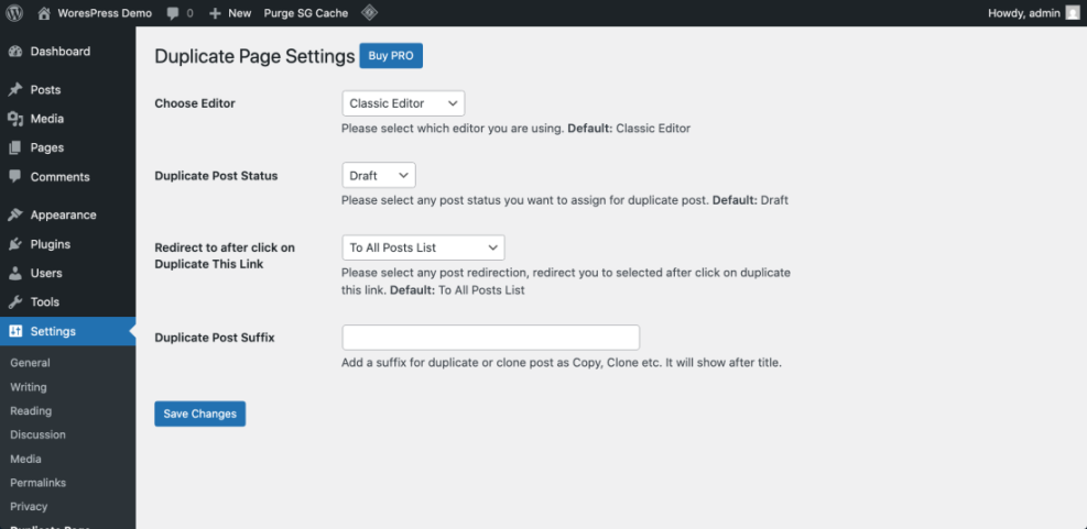 WordPress Duplicate Page Settings showing options to choose editor, set post status (Draft), redirect to post list, and add a custom suffix for duplicated content.