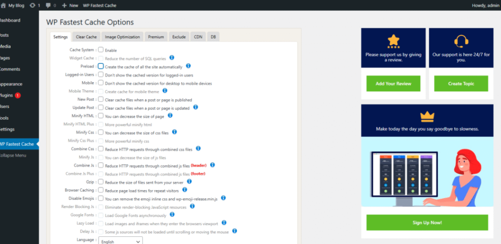 WP Fastest Cache plugin settings in WordPress dashboard, showing various options for site speed optimization.
