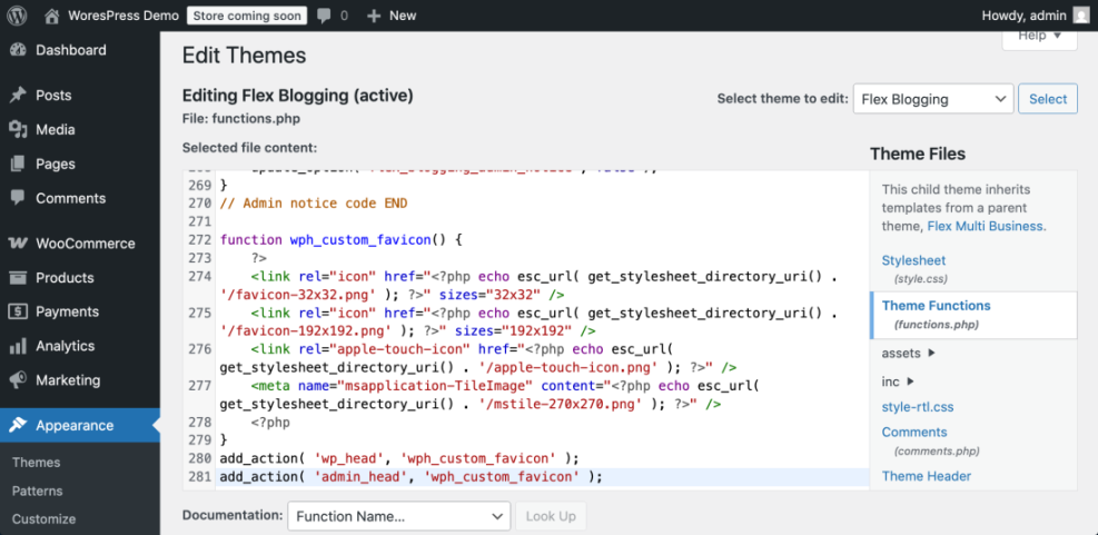 WordPress theme editor showing `functions.php` code for adding custom favicon links, demonstrating how to change favicon in WordPress manually.