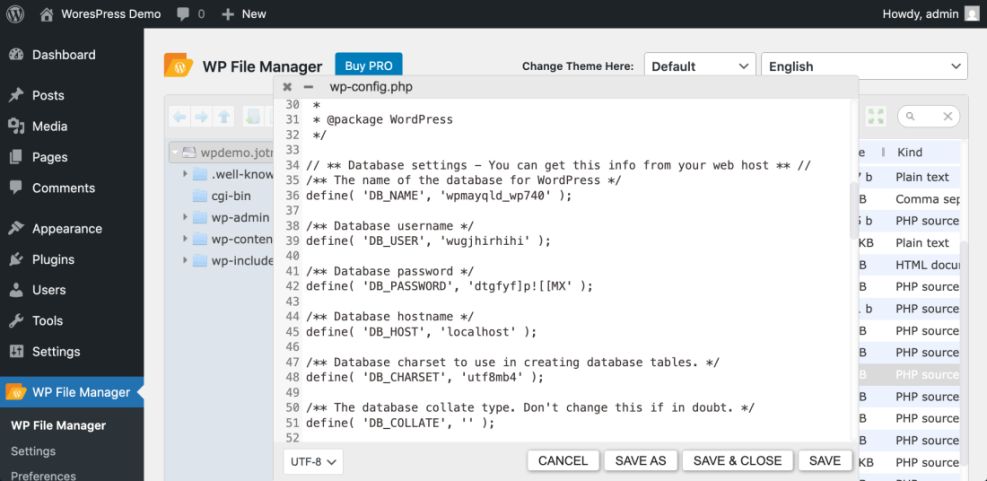 Screenshot of WP File Manager plugin in WordPress dashboard, showing wp-config.php file with database name, user, and password for accessing WordPress database.