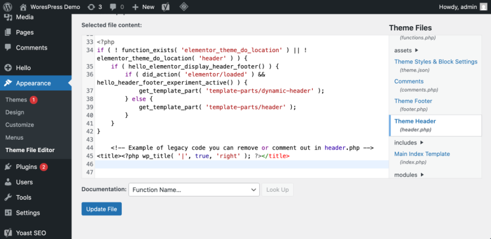 WordPress Theme File Editor showing header.php code with wp_title function highlighted, illustrating how to remove duplicate title tags.