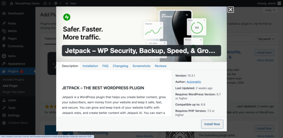 WordPress admin panel displaying the Jetpack plugin installation modal with details on security, backup, speed, and growth features.
