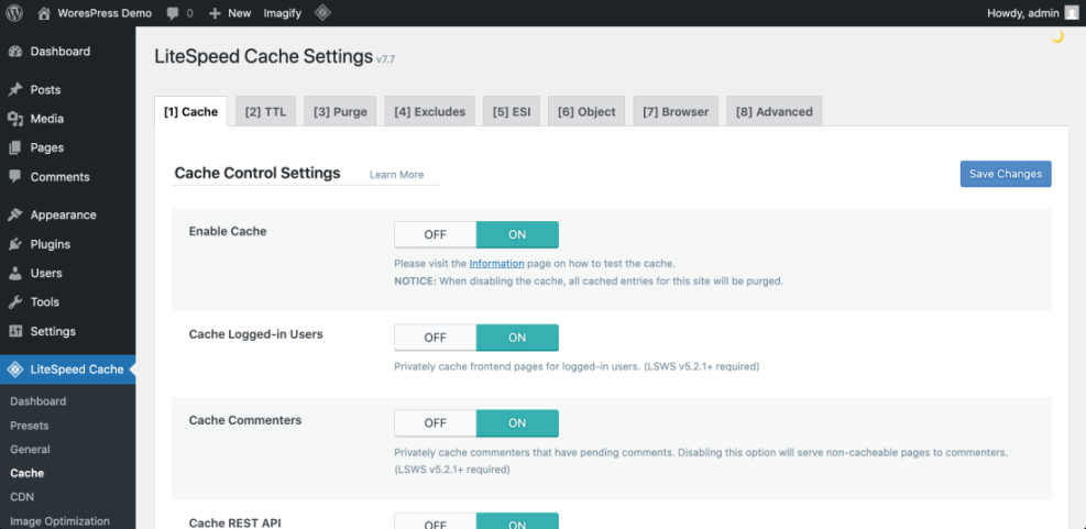 LiteSpeed Cache plugin settings in WordPress, showing the 'Cache Control Settings' tab with all main caching options enabled for speed optimization.
