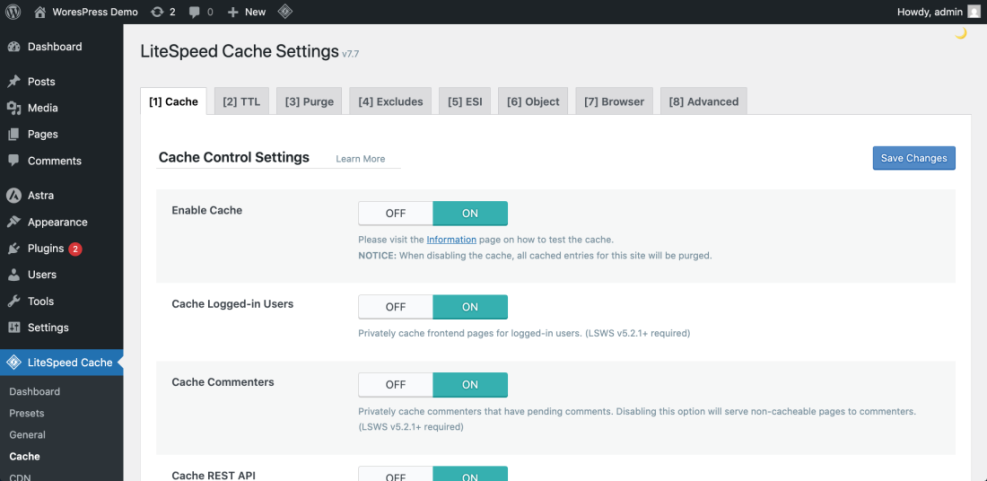 WordPress LiteSpeed Cache plugin settings showing 'Enable Cache' and other caching options turned ON for improved SEO.