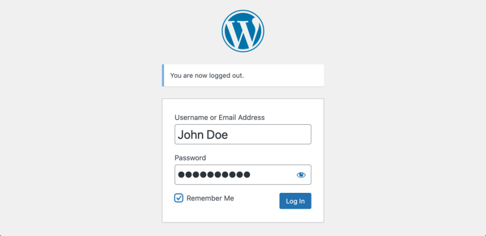 WordPress login page showing 'You are now logged out' message, with username and password fields for admin access.