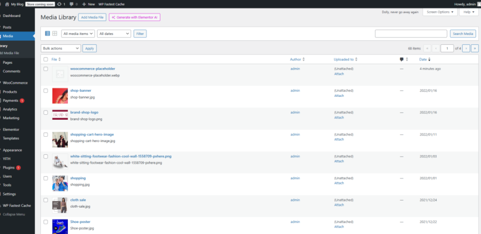 WordPress Media Library dashboard demonstrating media management for a comprehensive WordPress performance checklist.