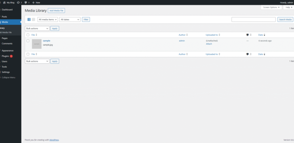 WordPress Media Library dashboard showing an unattached image file, illustrating media management for performance optimization.