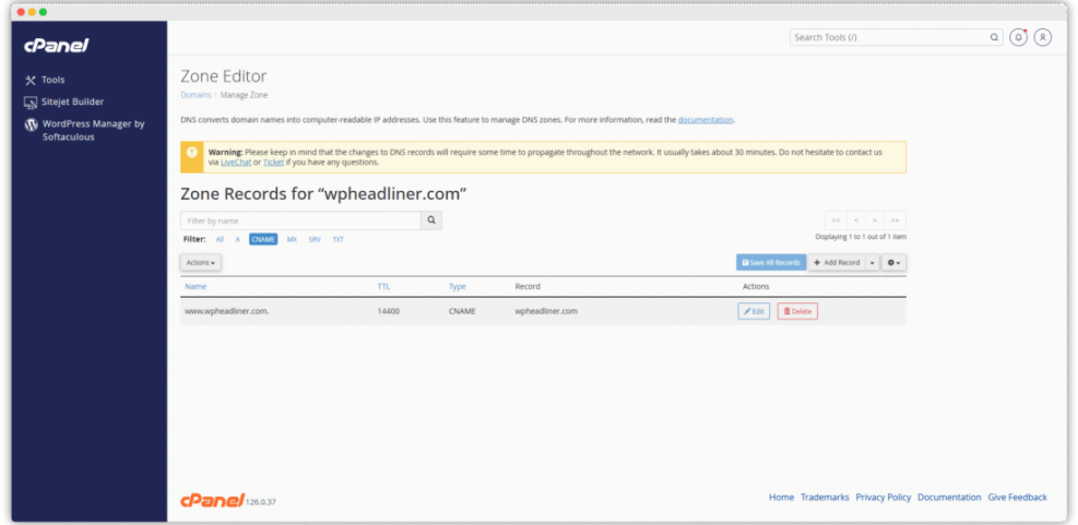 cPanel Zone Editor displaying DNS CNAME records for www.wpheadliner.com, essential for WordPress migration and domain mapping.