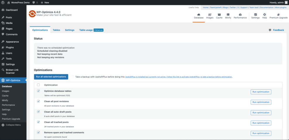 WP-Optimize plugin dashboard showing database optimization settings like cleaning post revisions and trashed posts to speed up a WordPress website.