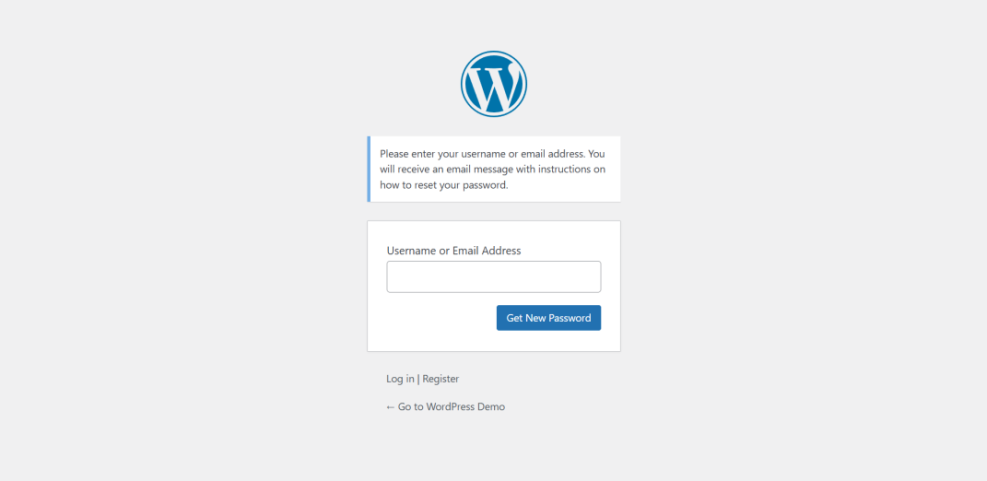 WordPress password reset screen. Enter your username or email address to receive instructions on how to recover your forgotten WordPress login password.
