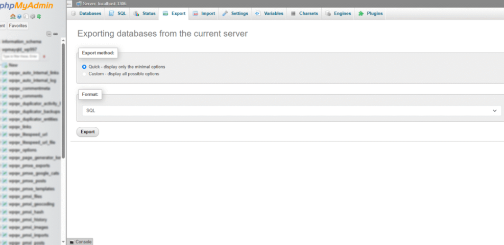phpMyAdmin export screen displaying options to export a WordPress database as an SQL file for migration.