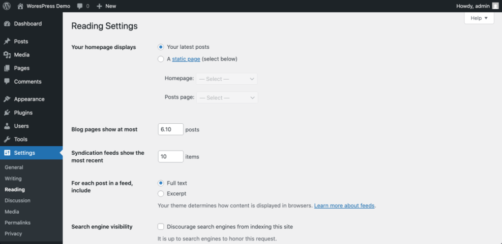 WordPress Reading Settings page, showing options for homepage content, posts per page, feed settings, and search engine visibility.