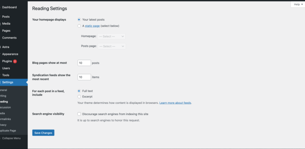 WordPress Reading Settings dashboard, showing options to configure homepage display, blog post limits, and search engine visibility.