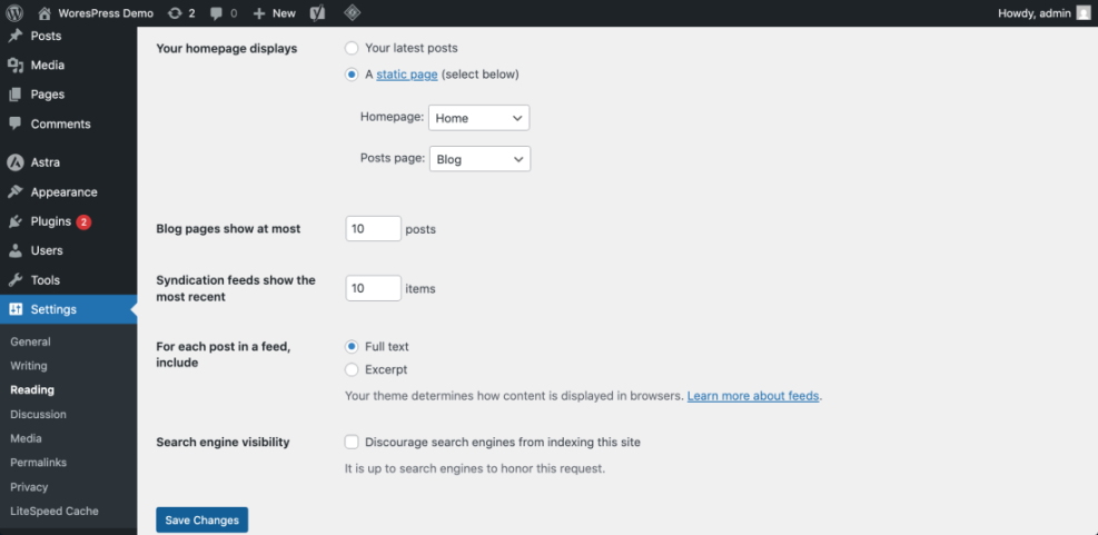 WordPress Reading Settings for configuring your homepage, blog page, post display limits, and feed options to build a WordPress website.