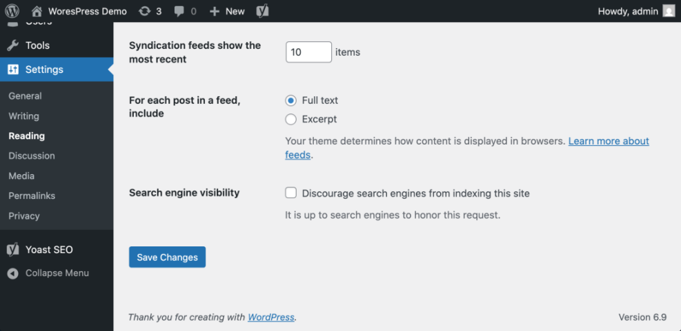 WordPress Reading Settings page showing the unchecked 'Discourage search engines from indexing this site' option, essential for SEO.