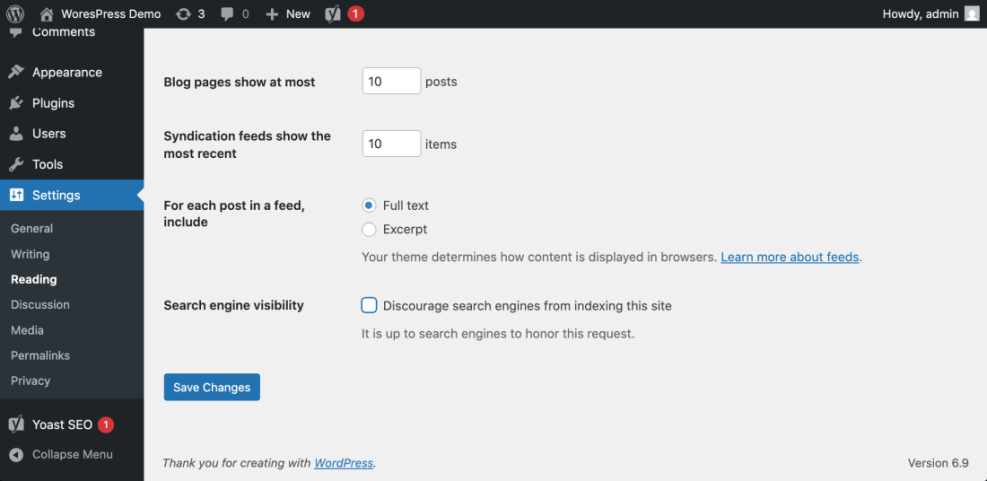WordPress Reading Settings showing the 'Discourage search engines from indexing this site' checkbox unchecked for optimal SEO visibility.