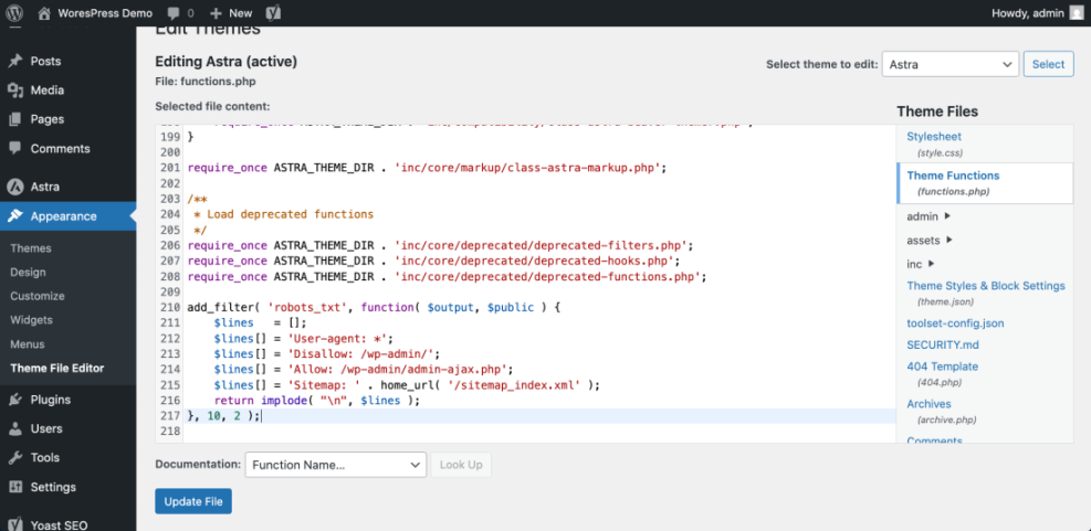 WordPress Theme File Editor showing PHP code in Astra's functions.php to edit robots.txt directives, including disallow and sitemap rules.