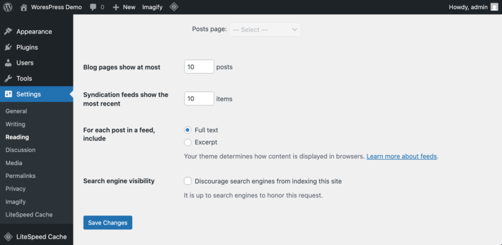 WordPress Reading Settings page, showing options for blog post display, feed content (full text selected), and the 'Search engine visibility' checkbox crucial for how to do SEO on WordPress.