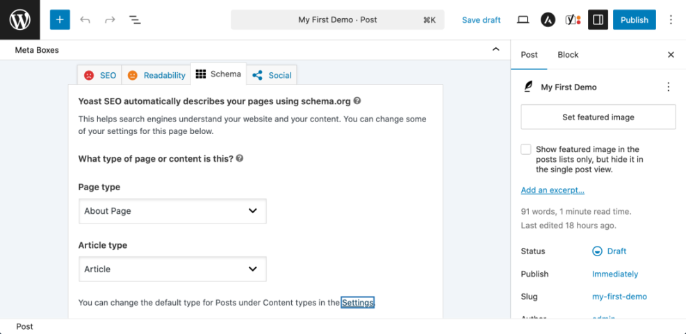 WordPress editor displaying Yoast SEO schema settings with 'Page type' set to 'About Page' and 'Article type' as 'Article'.