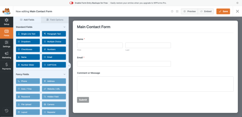 WPForms builder interface showing available fields for creating and customizing a WordPress contact form, demonstrating how to add a contact form to WordPress.