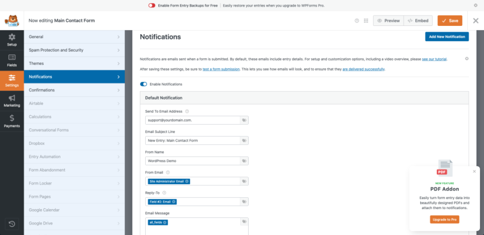 WPForms notification settings in WordPress, showing how to configure email alerts for a main contact form including recipient, subject, and sender.