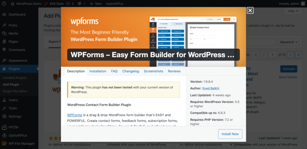 WordPress admin dashboard displaying the WPForms plugin installation popup, detailing how to add a contact form.