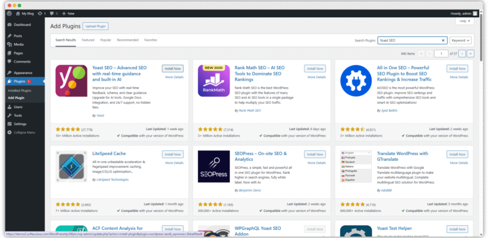 WordPress Add Plugins page showing Yoast SEO plugin ready for installation as part of an SEO plugin setup.