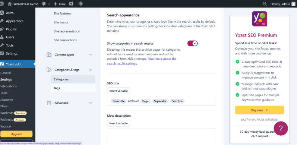 Yoast SEO plugin's 'Search appearance' settings for 'Categories' in WordPress, showing the 'SEO title' field configuration.
